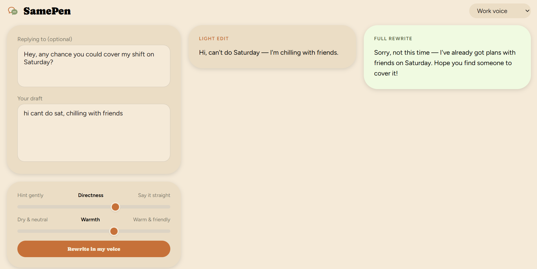 SamePen rewriting a shift-swap reply: a light edit and a full rewrite side by side